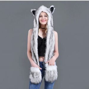 Faux Fur Hat Hood Scarf Full Pockets Ear Flat Cap Hoodie Winter Party Costume
